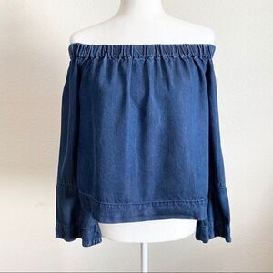 7 For All Mankind Blue Chambray Off the Shoulder Bell Sleeve Top Women’s XS Boho